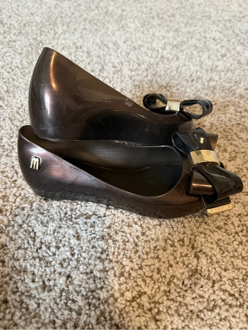 Mini Melissa Black Peep-Toe Bow Flats with Gold Accent